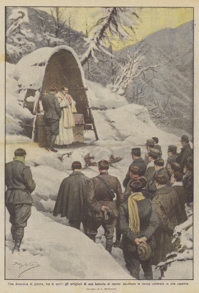 A Sunday of War, Among the Snow, Artillerymen of a Mortar Battery Listen to Mass by Achille Beltrame